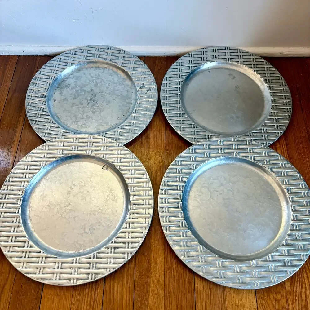 Vintage Galvanized Metal Charger Plates Set of 4, 13 Inch Industrial Table Decor